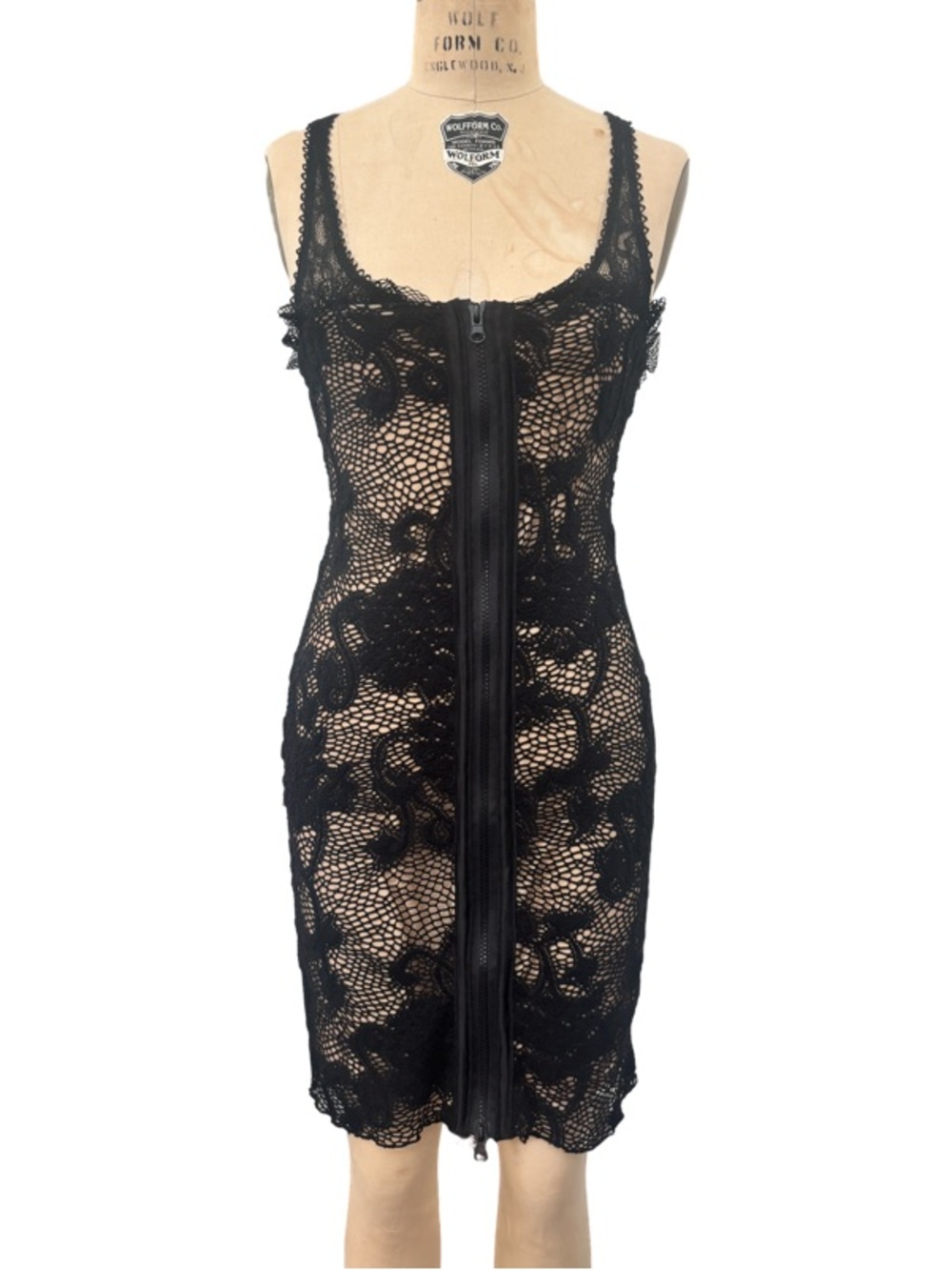 Ann Ferriday Black Crochet Lace Zip-Front Mini Dress in Black OSFM